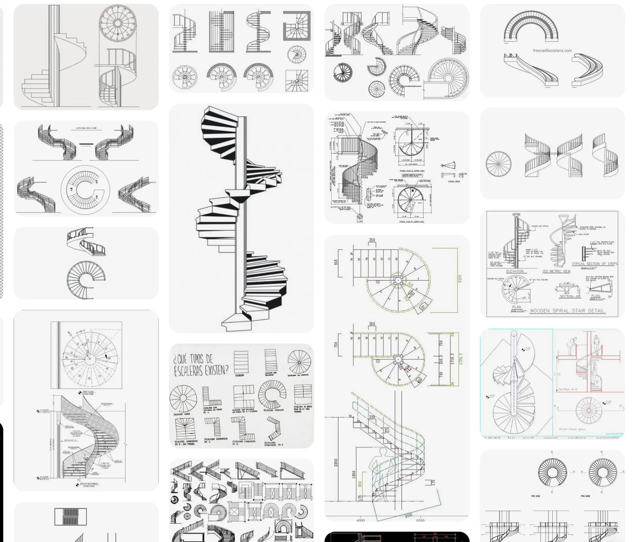 Spiral staircase technical drawings and blueprints