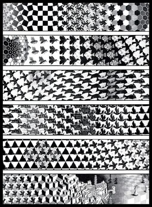 Escher, Metamorphosis — tessellations evolving through forms